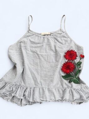 Sleeveless Striped Ruffle Hem Tank with Red Floral Applique